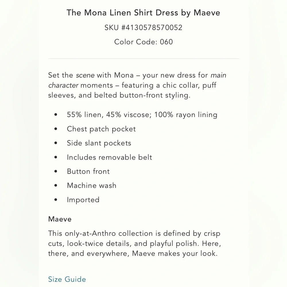 Anthropologie The Mona Linen Shirt Dress by Maeve Great Condition! - Picture 10 of 10